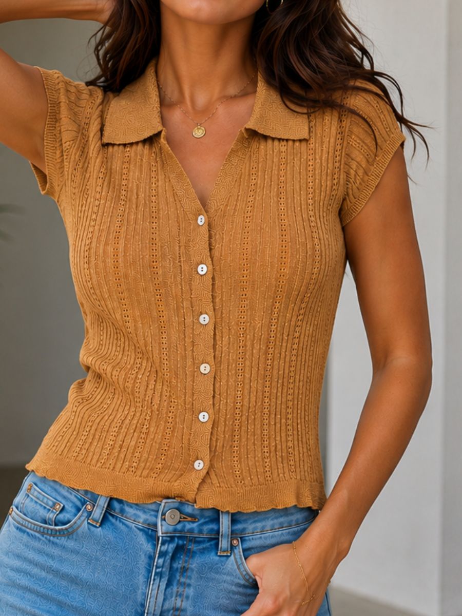 ModaFesta -Womens Knit Top Cap Sleeves Collared Slim FitV Neck
